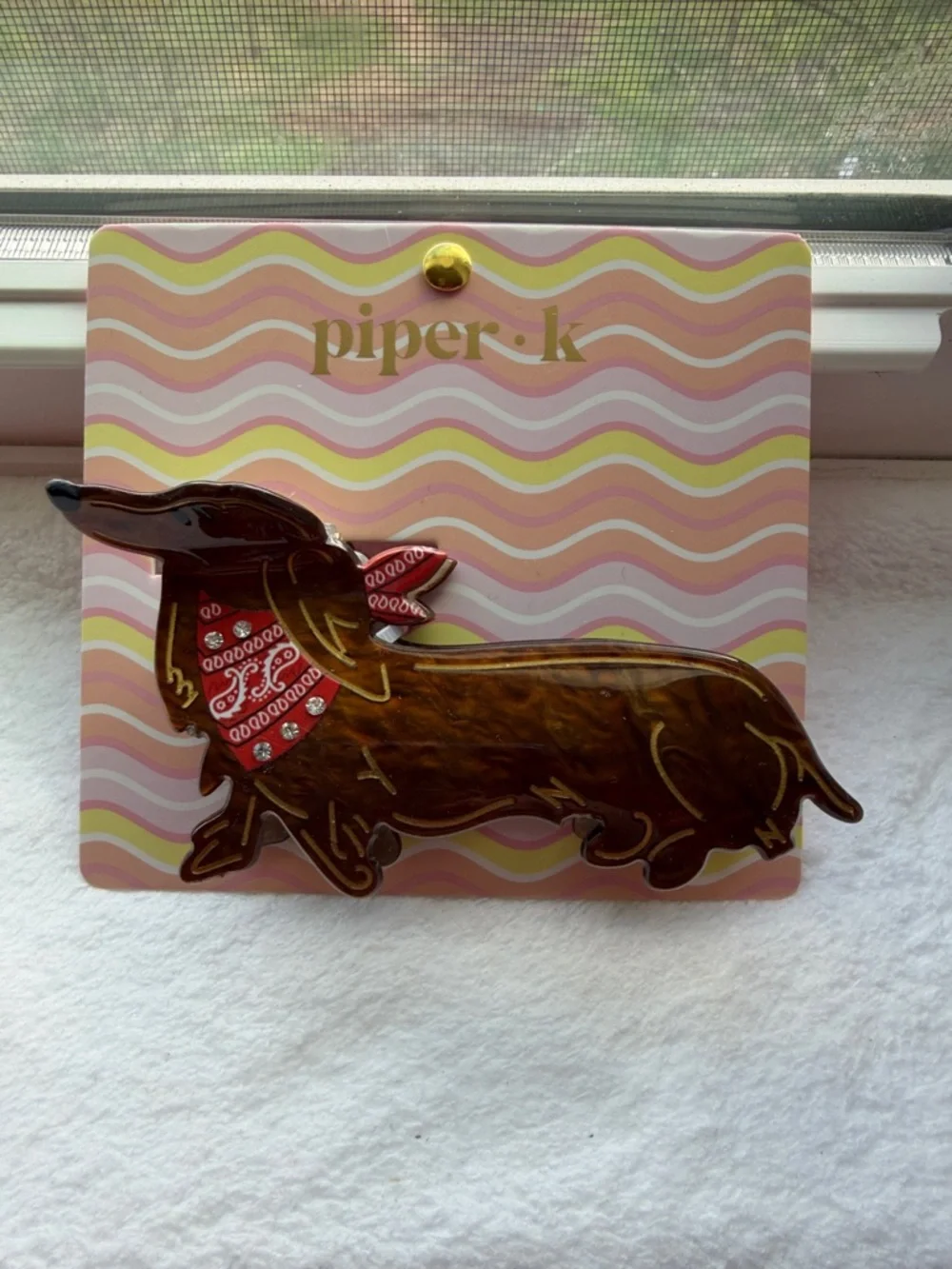 Piper Brown Dachshund Enamel Hair Clip with Red Bandana - Picture 2 of 7